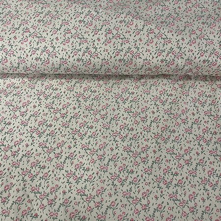 Tricoline Estampada Bahamas Fundo Marfim Com Flores Rosas e Folhas