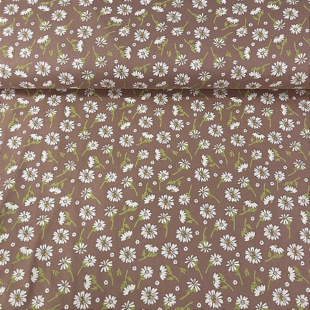 Tricoline Estampada Bahamas Fundo Marrom com Margaridas Espalhadas