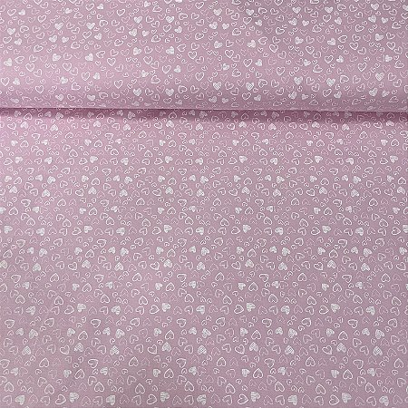 Tricoline Estampada Bahamas Fundo Rosa com Corações Brancos Desenhados