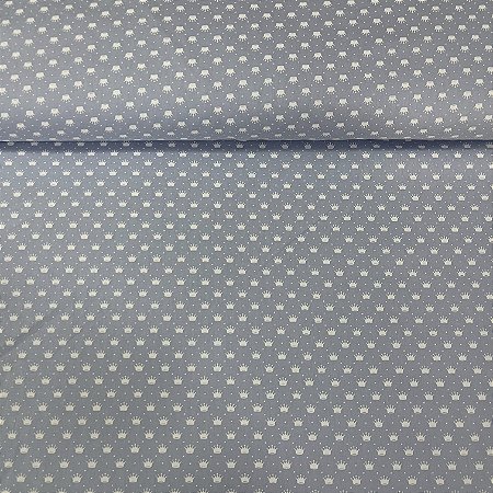 Tricoline Estampada Bahamas Fundo Azul Cinza Com Coroas Brancas