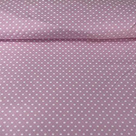 Tricoline Estampada Bahamas Fundo Rosa Com Coroas Brancas