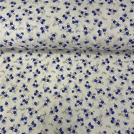 Tricoline Estampada Bahamas Fundo Marfim Com Flores Azuis e Cinzas