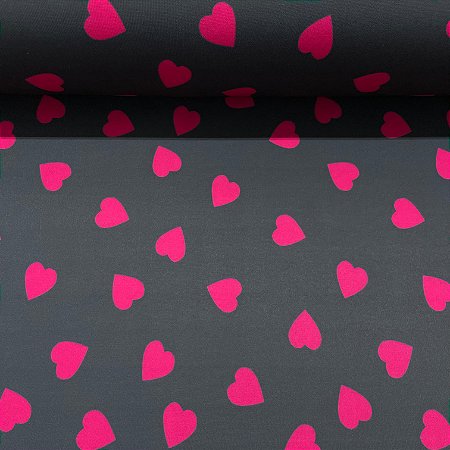 Suplex Estampado Fundo Preto com Corações Rosa