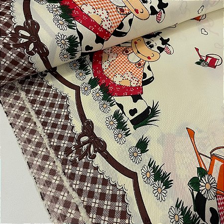 Oxford Estampado Nacional Barrado com Vaquinhas e Xadrez Marrom