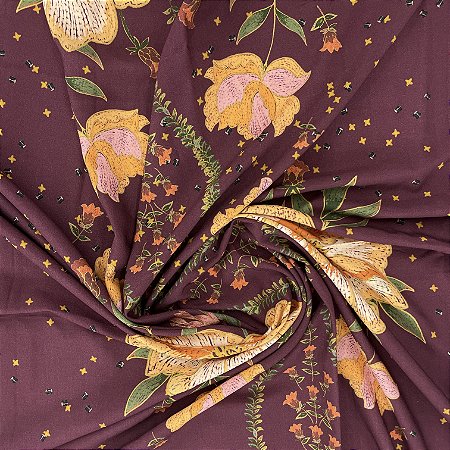 Viscose Barrada Estampada Fundo Bordô Com Flores e Plantas 1,35x1,70m