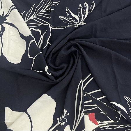 Viscose Barrada Estampada Fundo Preto Com Flores Brancas 1,35x1,60m
