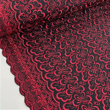 Broderi Bicolor Fundo Preto com Vermelho Floral