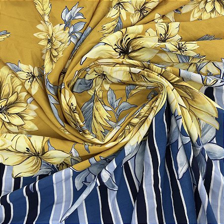 Viscose Barrada Estampada Flores e Fundo Amarelo Com Azul 1,35x1,80m