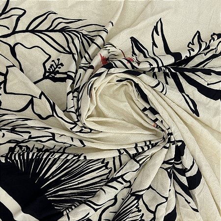 Viscose Barrada Estampada Branca Com Flora Preta 1,35x2,15m