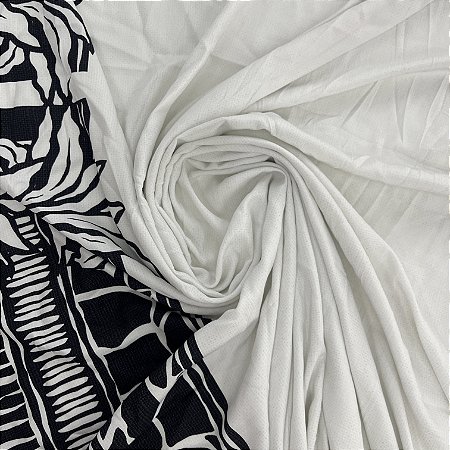 Viscose Barrada Estampada Branca Com Detalhes e Planta Preta 1,35x1,90m