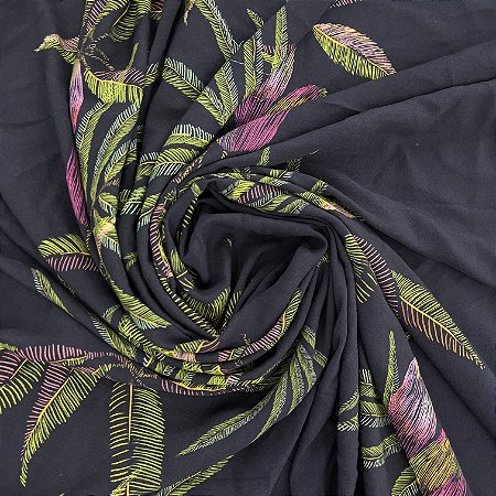 Viscose Barrada Estampada Preta Com Plantas 1,35x2,00m