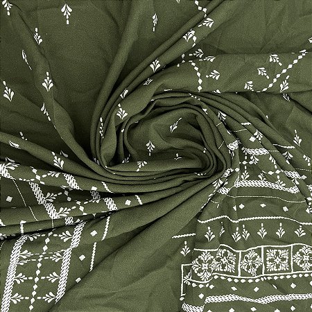 Viscose Barrada Estampada Verde Musgo Com Desenhos Brancos 1,35x1m