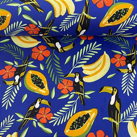 Oxford Estampado Fundo Azul Royal com Frutas e Tucanos