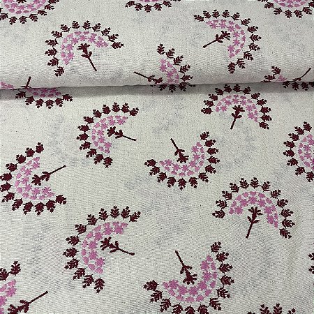 Linho com Viscose Bordado Crú Leque Rosa