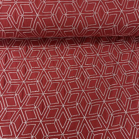 Linho com Viscose Bordado Vermelho Geométrico Branco