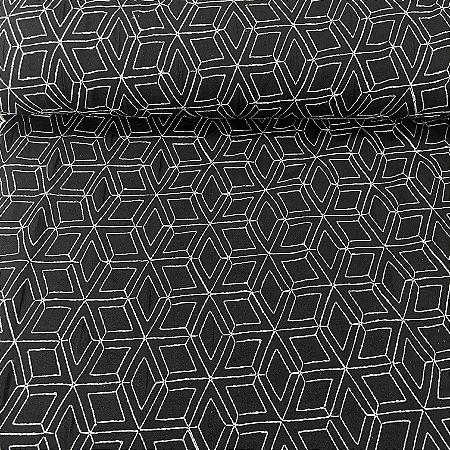 Linho com Viscose Bordado Preto Geométrico Branco