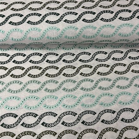Linho com Viscose Bordado Diagonal Verde e Azul