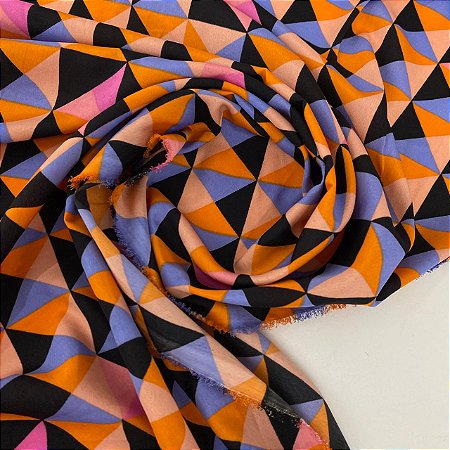 Crepe Indiano Estampado Geométrico Preto, Lilás, Laranja e Bege