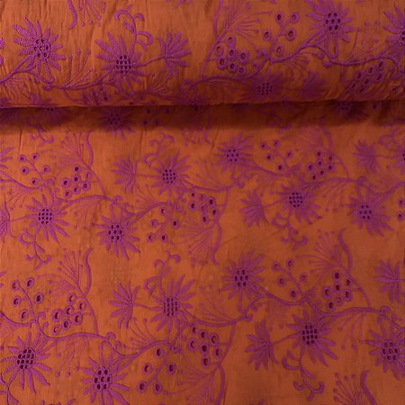 Laise Bicolor Bordada Laranja com Floral Roxo