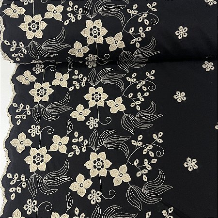 Laise Bordada Barrada Preta e Creme Floral