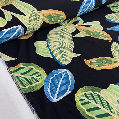 Tecido Promocional Crepe Fundo Preto Com Folhagens Verde e Azul