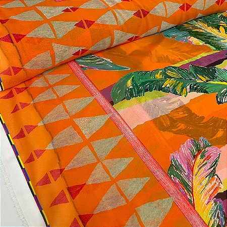 Tecido Promocional Crepe Estampado Barrado Laranja Com Folhagens verde