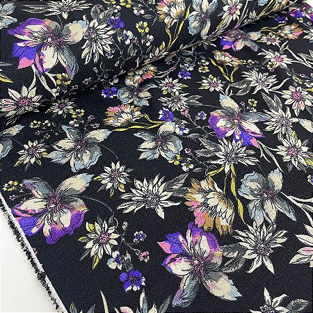 Tecido Promocional Crepe Estampado Fundo Preto Floral