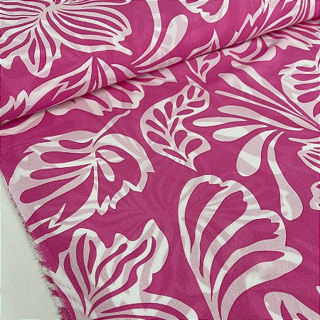 Tecido Promocional Crepe Estampado Rosa Folhagens Branca