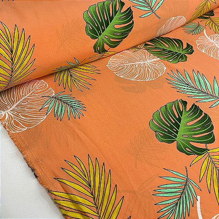 Tecido Promocional Crepe Fundo Pêssego Folhagens Branca com Verde