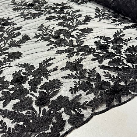 Tule Bordado 3D London Preto