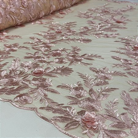 Tule Bordado 3D London Rosa Núvem