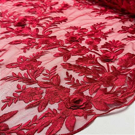 Tule Bordado 3D London Vermelho