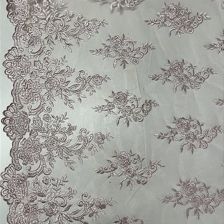 Tule Bordado Juliana Rosa Nude Floral Aplicação