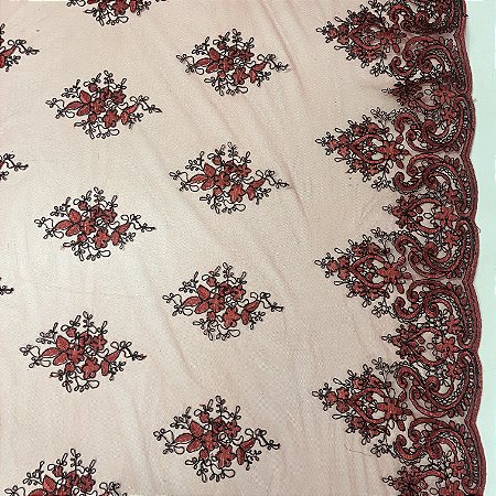 Tule Bordado Cord Metalic Vermelho com Preto