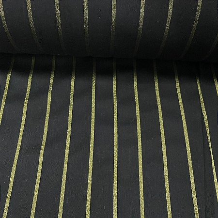 Linho Misto Estampado Preto com Listras Douradas