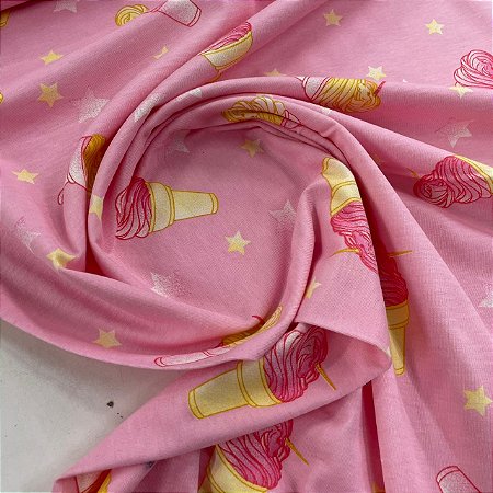Malha de Algodão Estampada Cupcake Rosa