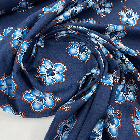 Malha de Algodão Estampada Rosa Havaiana Azul