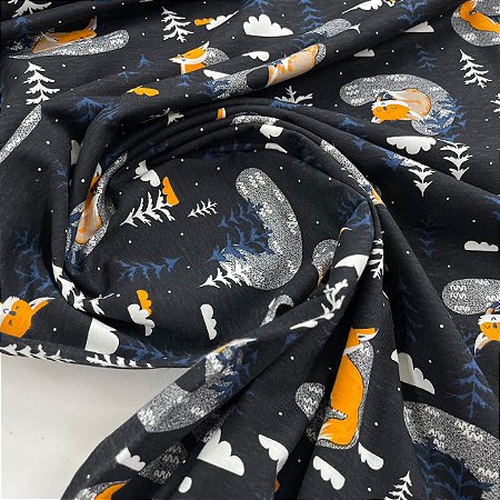 Malha de Algodão Estampada Raposinhas Fundo Preto