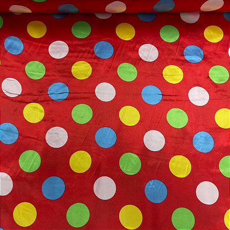 Cetim Estampado Petit Poá Colorido Fundo Vermelho