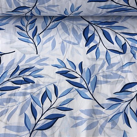 Percal Estampado 180 Fios Folhas Azul