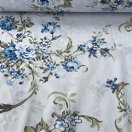 Percal Estampado 180 Fios Floral Azul Antigo