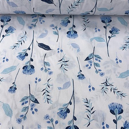 Percal Estampado 180 Fios Floral Delicado Azul