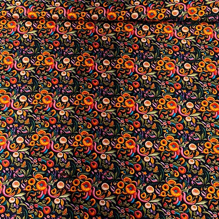 Tricoline Digital Floral Fundo Preto Colorido