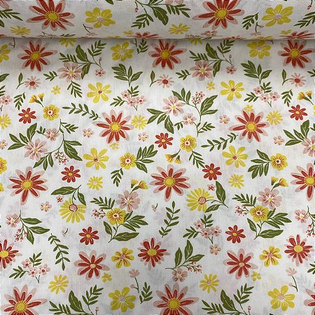 Tricoline Estampada Floral Girassól Fundo Branco