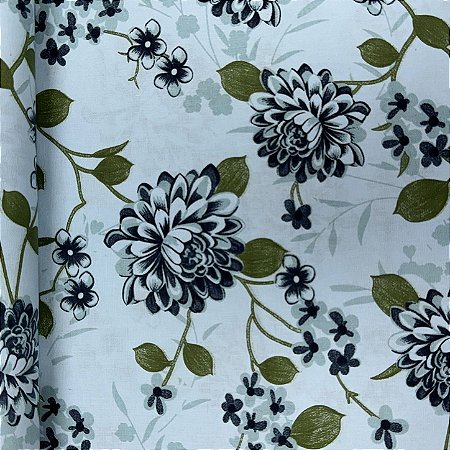 Percal Estampado 180 Fios Floral Tons Azul