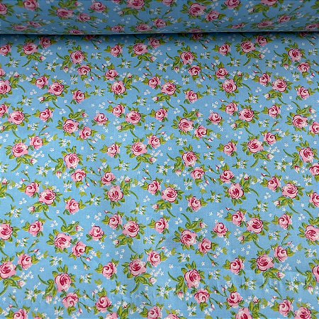 Tricoline Estampada Floral Liberty Jardim Azul