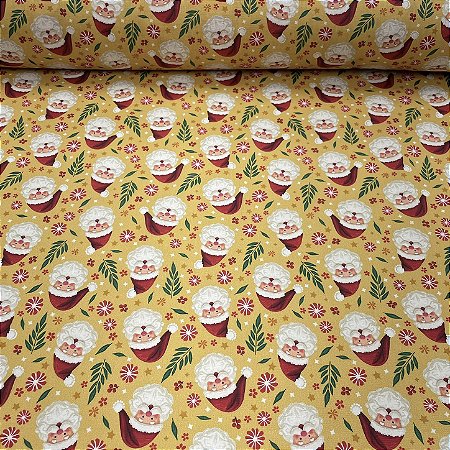 Tricoline Estampada Natalina Papai Noel Fundo Amarelo