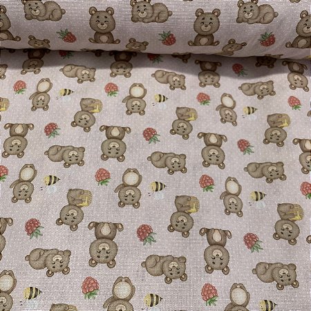 Tricoline Estampado Ursinhos e Mel Fundo Rosa