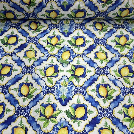 Tricoline Estampado Limão Siciliano e Azulejo Portugues