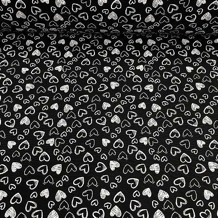 Tricoline Estampado Corações Preto